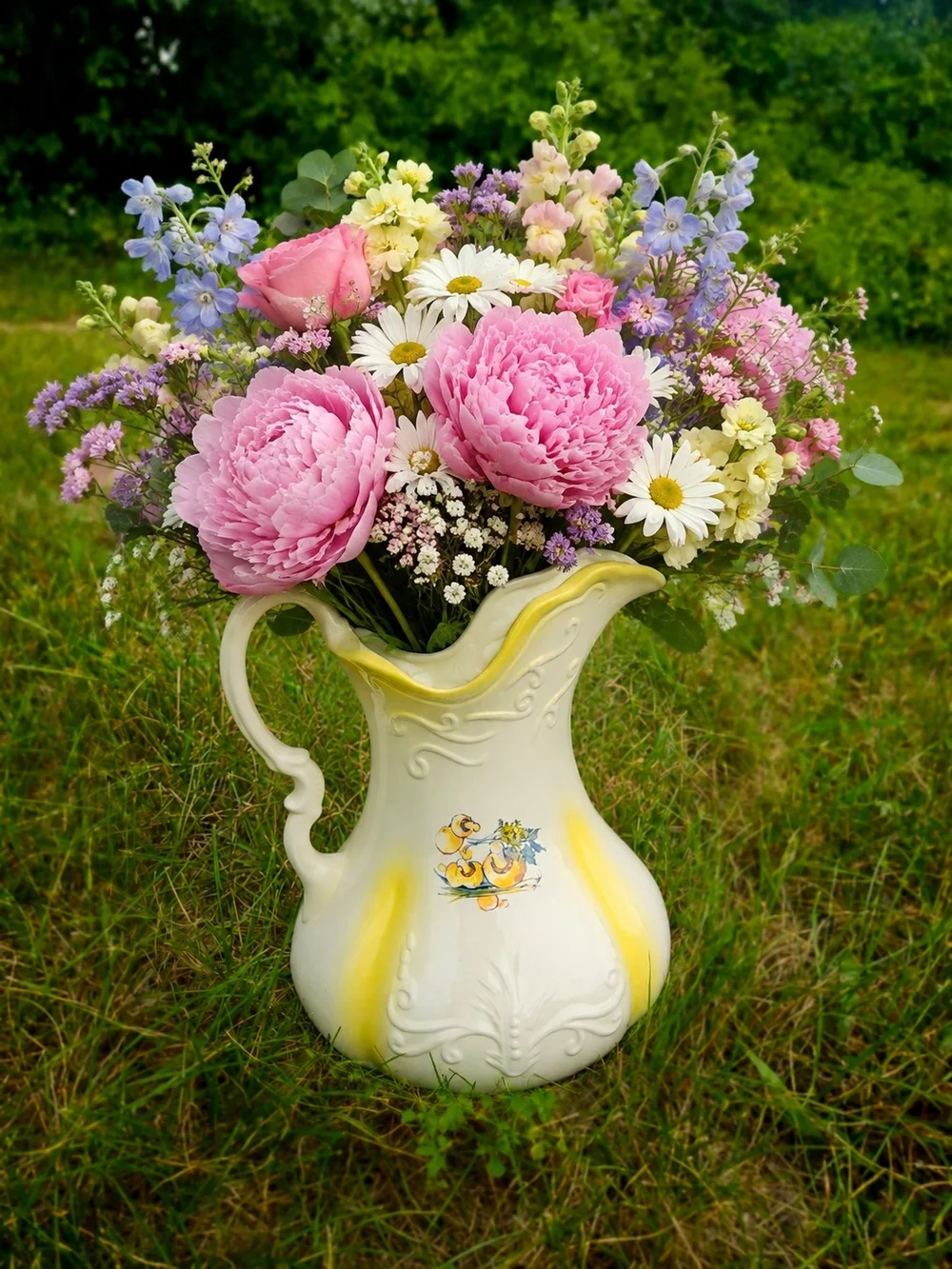 Cream and Yellow Ceramic Pitcher Vase with Floral Motif